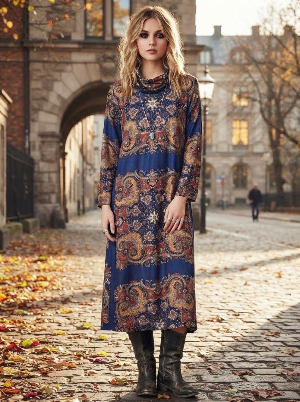 Vintage 1970s Fall Paisley Long‑sleeve Dress